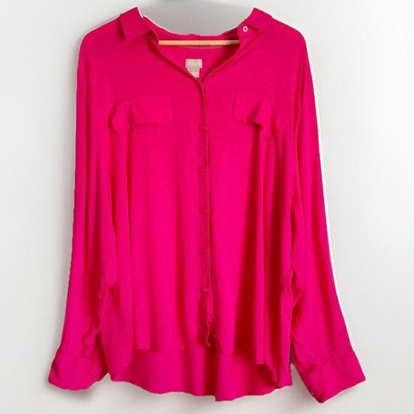 Chico’s Womens Button Down Top Size 20/22 Vibrant Hot Pink Long Sleeves - Picture 3 of 11